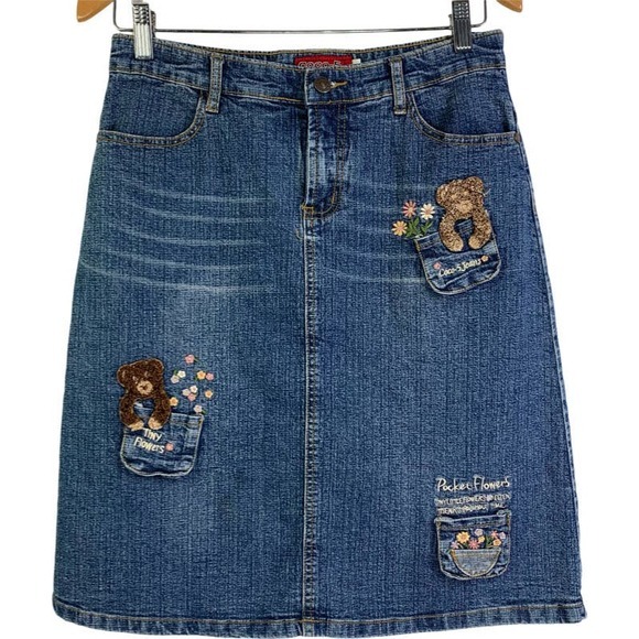 COCO-5 Vintage Embroidered Novelty Teddy Bear Flowers Western Denim Midi‎ Skirt